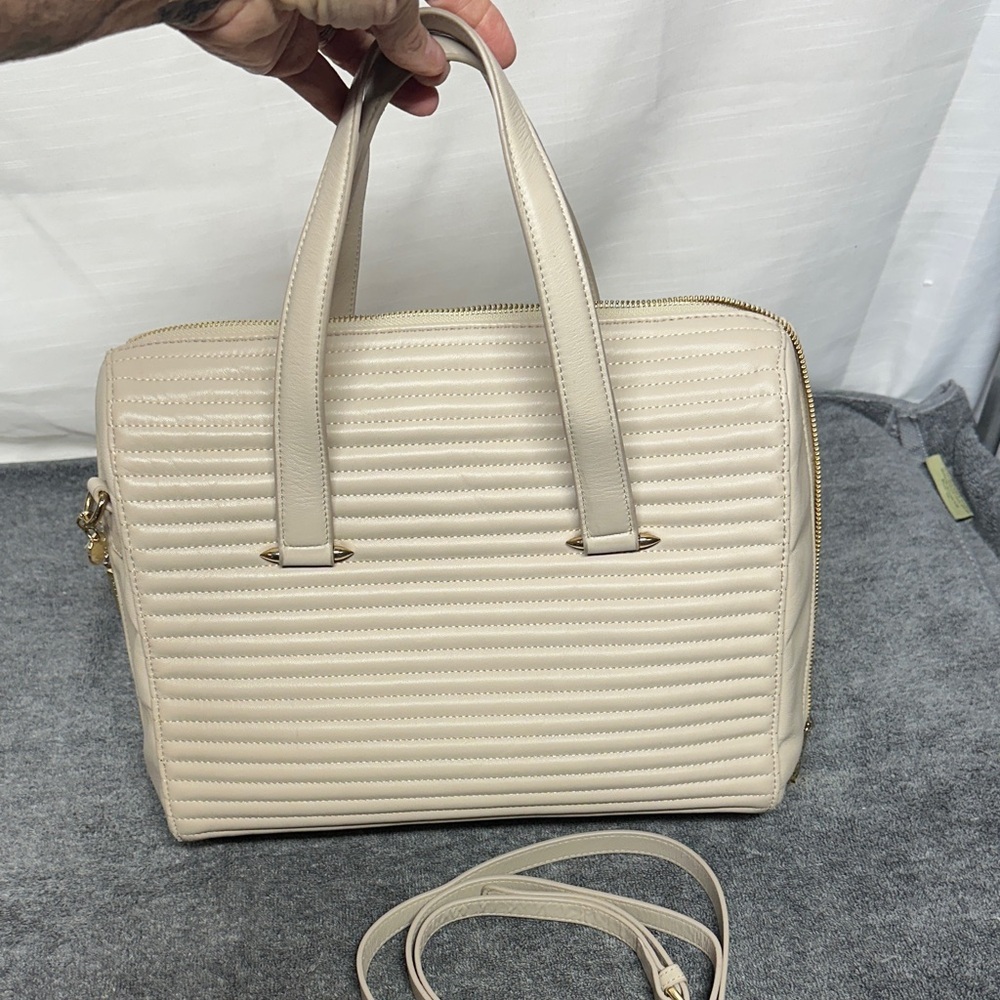 Celine Dion Vibrato Satchel Cream Quilted Leather Dbl Handle Removable with RFID